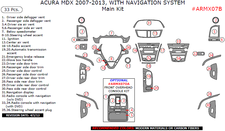 Acura MDX 2007, 2008, 2009, 2010, 2011, 2012, 2013, With Navigation System, Main Interior Kit, 33 Pcs. dash trim kits options
