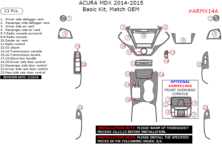 Acura MDX 2014-2015, Basic Interior Kit, 23 Pcs., Match OEM dash trim kits options