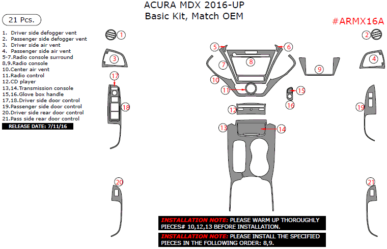 Acura MDX 2016, 2017, Basic Interior Kit, 21 Pcs., Match OEM dash trim kits options