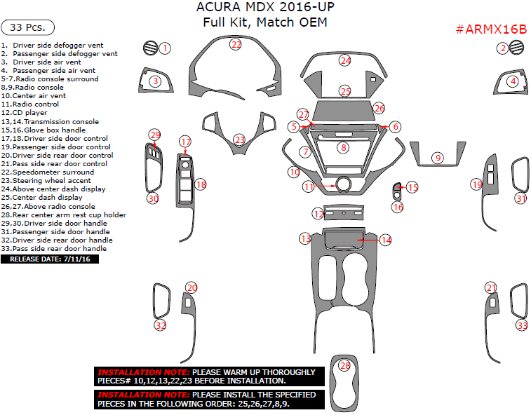 Acura MDX 2016, 2017, Full Interior Kit, 33 Pcs., Match OEM dash trim kits options