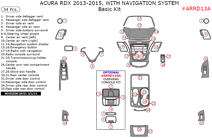 Acura RDX 2013, 2014, 2015, With Navigation System, Basic Interior Kit, 34 Pcs. dash trim kits options
