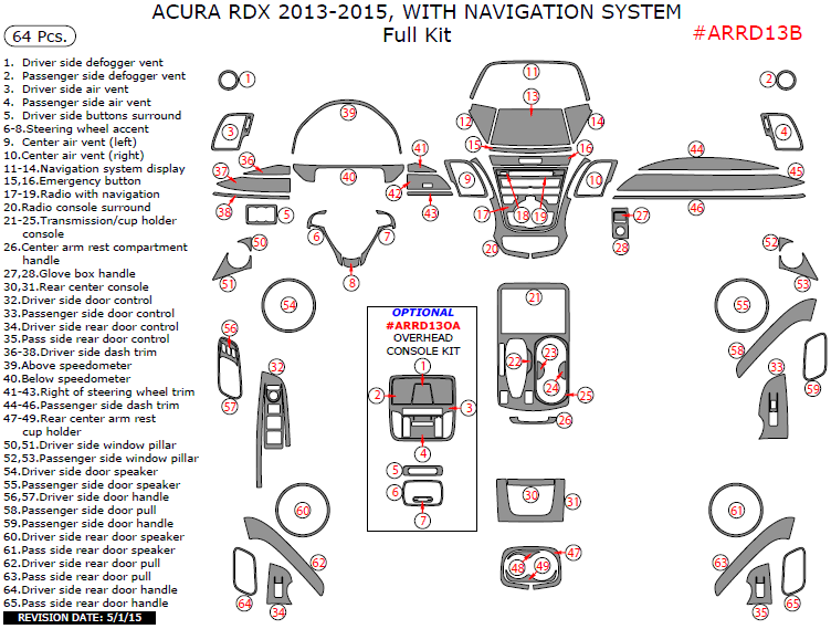 Acura RDX 2013, 2014, 2015, With Navigation System, Full Interior Kit, 64 Pcs. dash trim kits options