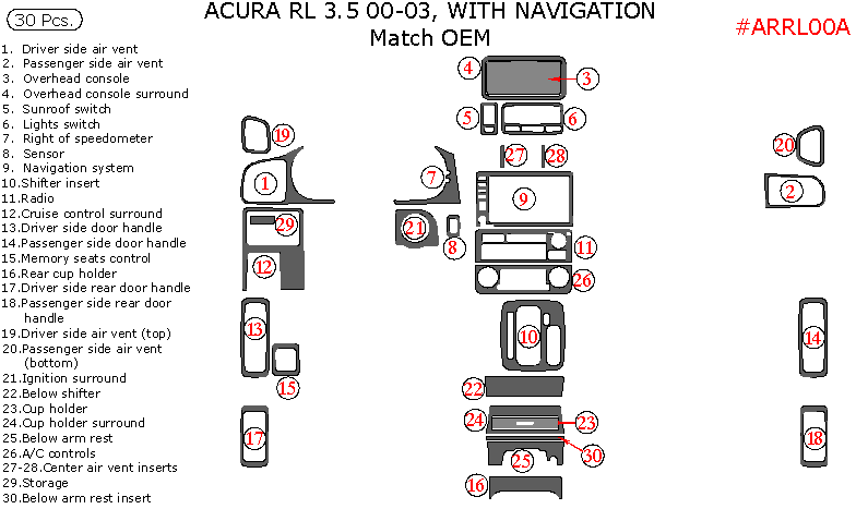 Acura RL 2000, 2001, 2002, 2003, 2004, Interior Kit, With Navigation System, 30 Pcs., Match OEM dash trim kits options
