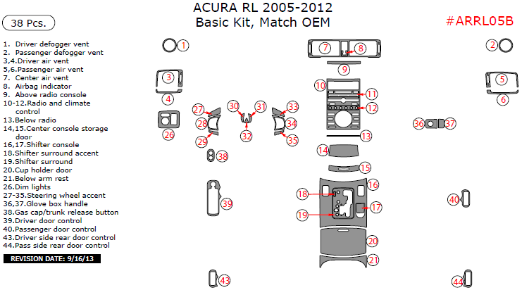 Acura RL 2005, 2006, 2007, 2008, 2009, 2010, 2011, 2012, Basic Interior Kit, 38 Pcs., Match OEM dash trim kits options