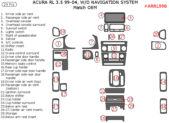 Acura RL 1999, 2000, 2001, 2002, 2003, 2004, Interior Kit, Without Navigation System, 30 Pcs., Match OEM dash trim kits options
