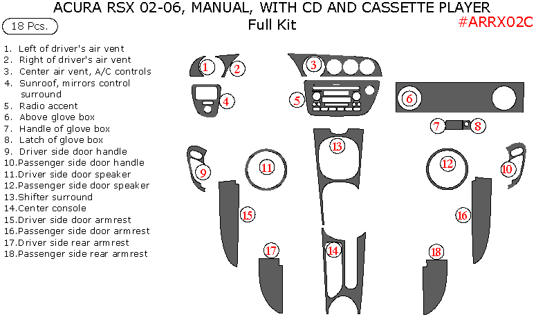 Acura RSX 2002, 2003, 2004, 2005, 2006, Full Interior Kit, Manual, With CD and Cassette Player, 18 Pcs. dash trim kits options
