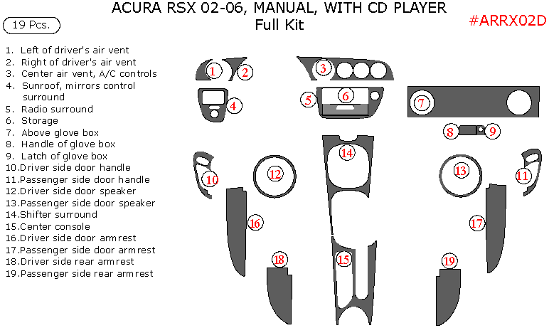 Acura RSX 2002, 2003, 2004, 2005, 2006, Full Interior Kit, Manual, With CD Player, 19 Pcs. dash trim kits options