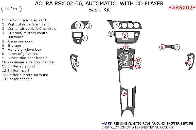 Acura RSX 2002, 2003, 2004, 2005, 2006, Basic Interior Kit, Automatic, With CD Player, 14 Pcs. dash trim kits options