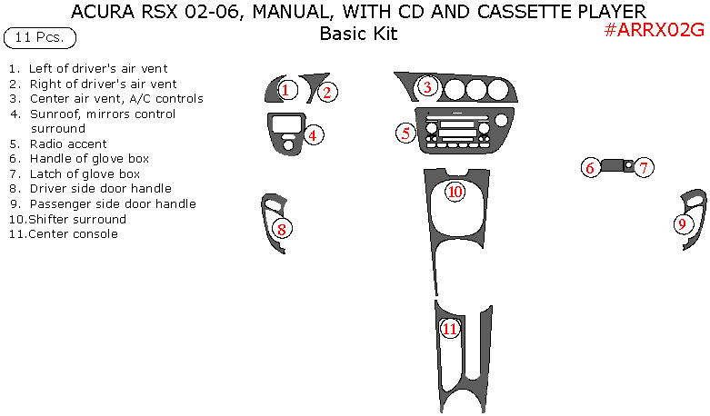 Acura RSX 2002, 2003, 2004, 2005, 2006, Basic Interior Kit, Manual, With CD and Cassette Player, 11 Pcs. dash trim kits options