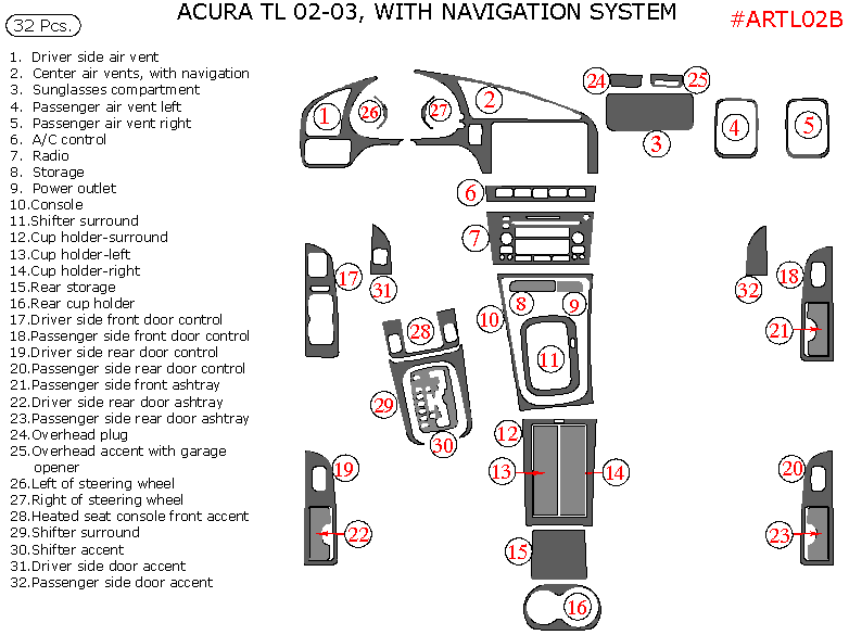 Acura TL 2002-2003, Interior Dash Kit, With Navigation, 32 Pcs., Match OEM dash trim kits options