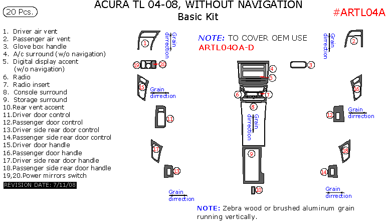 Acura TL 2004, 2005, 2006, 2007, 2008, Without Navigation System, Basic Interior Kit, 20 Pcs. dash trim kits options