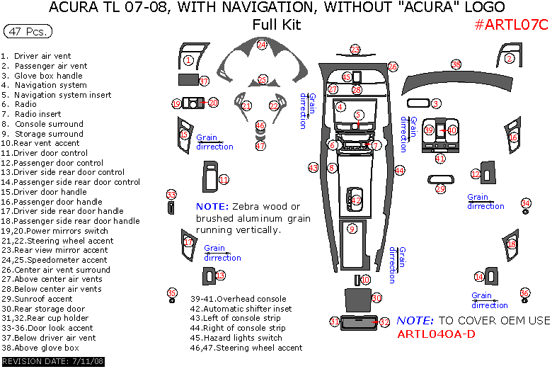 Acura TL 2007-2008, With Navigation System, Full Interior Kit, 47 Pcs. dash trim kits options