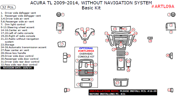 Acura TL 2009, 2010, 2011, 2012, 2013, 2014, Without Navigation System, Basic Interior Kit, 32 Pcs. dash trim kits options