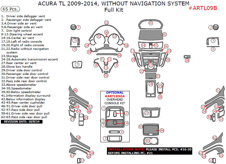 Acura TL 2009, 2010, 2011, 2012, 2013, 2014, Without Navigation System, Full Interior Kit, 65 Pcs. dash trim kits options