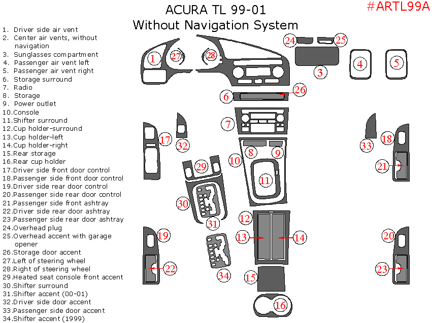 Acura TL 1999, 2000, 2001, Interior Dash Kit, Without Navigation, 33 Pcs., Match OEM dash trim kits options