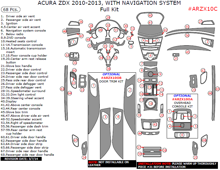 Acura ZDX 2010, 2011, 2012, 2013, With Navigation System, Full Interior Kit, 68 Pcs. dash trim kits options
