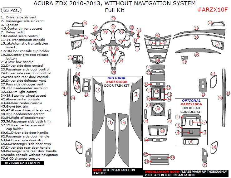 Acura ZDX 2010, 2011, 2012, 2013, Without Navigation System, Full Interior Kit, 65 Pcs. dash trim kits options