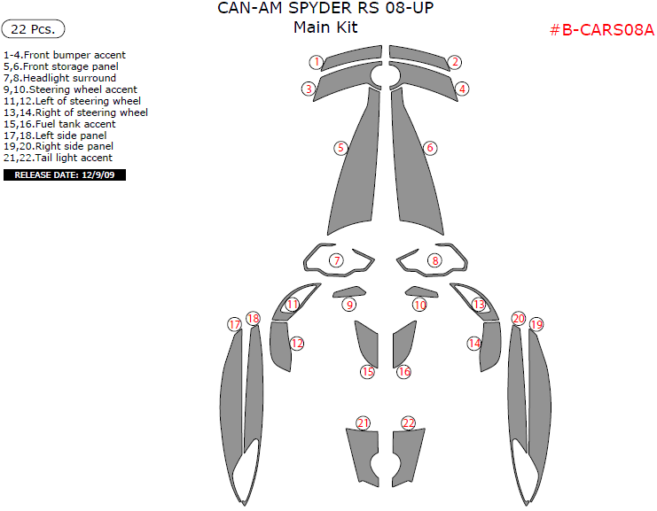 Can-Am Spyder RS 2008, 2009, 2010, 2011, 2012, 2013, 2014, 2015, Main Kit, 22 Pcs. dash trim kits options