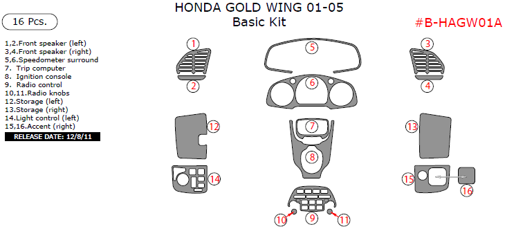 Honda Gold Wing 2001, 2002, 2003, 2004, 2005, Basic Kit, 16 Pcs. dash trim kits options