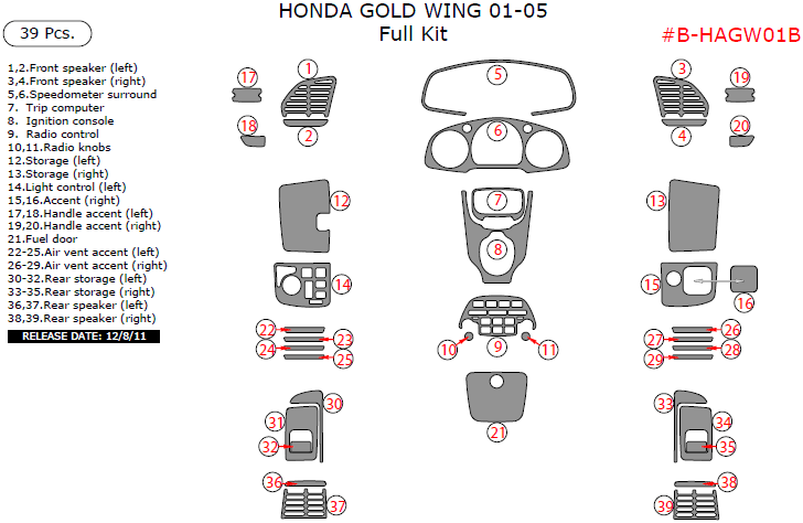 Honda Gold Wing 2001, 2002, 2003, 2004, 2005, Full Kit, 39 Pcs. dash trim kits options