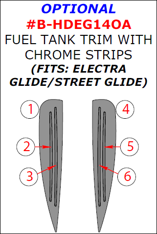Harley Davidson Electra/Street Glide 2014, 2015, 2016, 2017, Optional Fuel Tank Trim With Chrome Strips, 6 Pcs. dash trim kits options