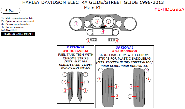 Harley Davidson Electra/Street Glide 1996, 1997, 1998, 1999, 2000, 2001, 2002, 2003, 2004, 2005, 2006, 2007, 2008, 2009, 2010, 2011, 2012, 2013, Main Kit, 6 Pcs. dash trim kits options