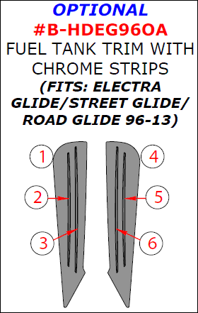 Harley Davidson Electra/Street Glide 1996, 1997, 1998, 1999, 2000, 2001, 2002, 2003, 2004, 2005, 2006, 2007, 2008, 2009, 2010, 2011, 2012, 2013, Road Glide 1998-2013, Optional Fuel Tank Trim With Chrome Strips, 6 Pcs. dash trim kits options