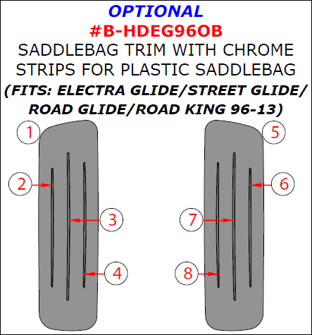 Harley Davidson Electra/Road King/Street Glide 1996, 1997, 1998, 1999, 2000, 2001, 2002, 2003, 2004, 2005, 2006, 2007, 2008, 2009, 2010, 2011, 2012, 2013, Road Glide 1998-2013, Optional Saddlebag Trim With Chrome Strips For Plastic Saddlebag, 8 Pcs. dash trim kits options