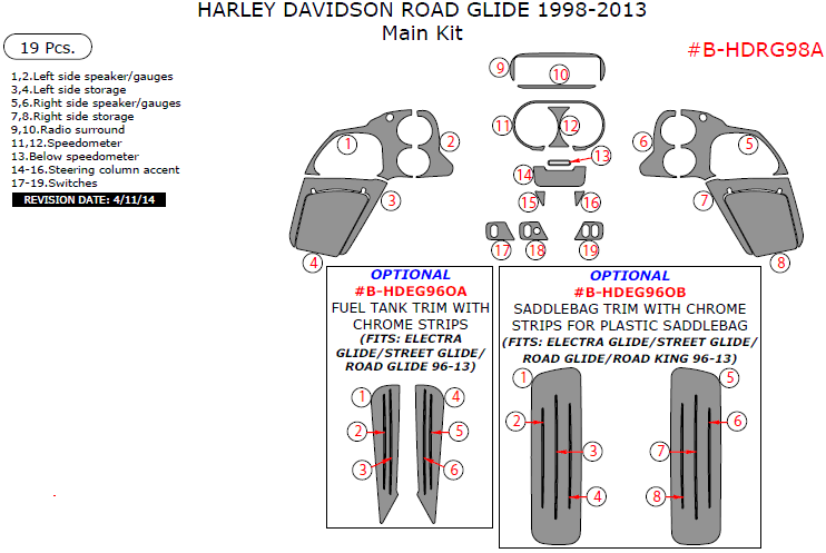 Harley Davidson Road Glide 1998, 1999, 2000, 2001, 2002, 2003, 2004, 2005, 2006, 2007, 2008, 2009, 2010, 2011, 2012, 2013, Main Kit, 19 Pcs. dash trim kits options