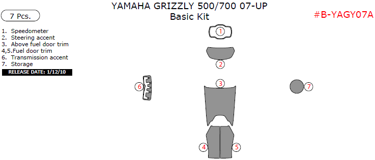 Yamaha Grizzly 500, 700 2007, 2008, 2009, 2010, 2011, 2012, 2013, 2014, 2015, Basic Kit, 7 Pcs. dash trim kits options