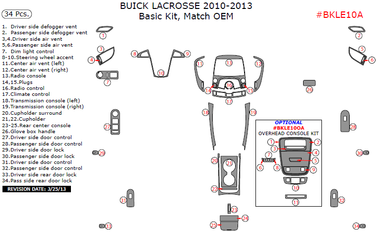 Buick Lacrosse 2010, 2011, 2012, 2013, Basic Interior Kit, 34 Pcs., Match OEM dash trim kits options