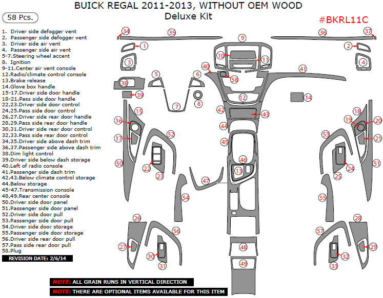 Buick Regal 2011, 2012, 2013, Deluxe Interior Kit (Without OEM Wood), 58 Pcs. dash trim kits options