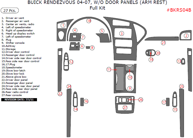 Buick Rendezvous 2004, 2005, 2006, 2007, Full Interior Kit, Without Door Panels (Arm Rest), 27 Pcs. dash trim kits options