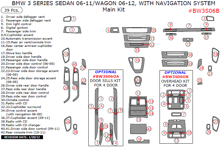 BMW 3 Series 2006, 2007, 2008, 2009, 2010, 2011, Interior Dash Kit, With Navigation System (Sedan/Wagon), 39 Pcs. dash trim kits options