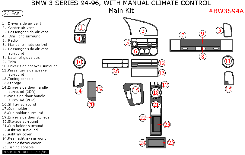 BMW 3 Series 1994, 1995, 1996 With Manual Climate Control, Main Interior Kit, 26 Pcs. dash trim kits options