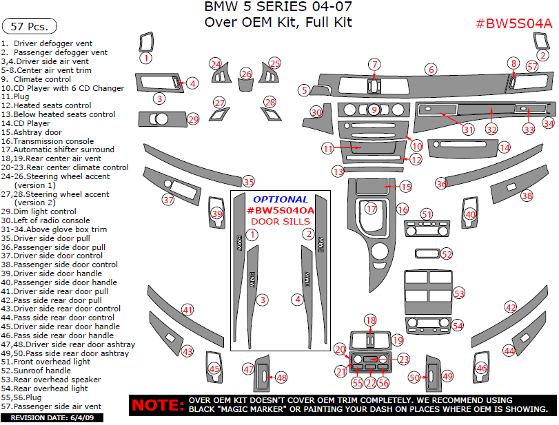BMW 5 Series 2004, 2005, 2006, 2007, Over OEM Kit, Full Interior Kit, 57 Pcs. dash trim kits options