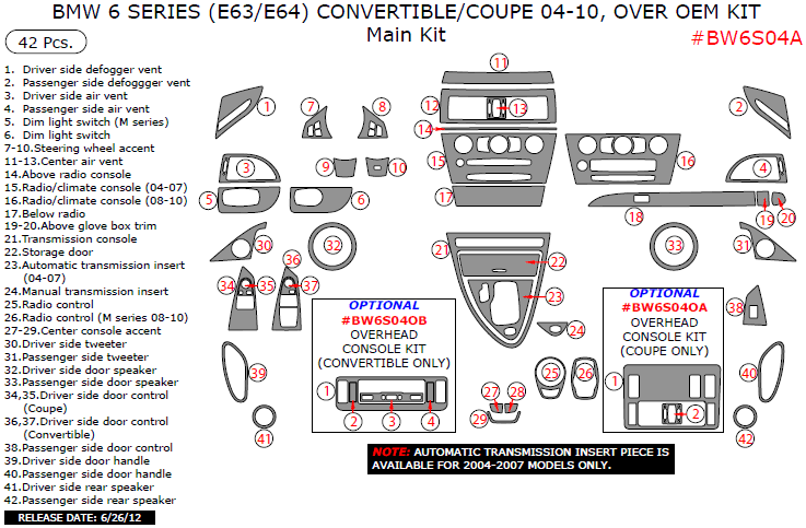 BMW 6 Series 2004, 2005, 2006, 2007, 2008, 2009, 2010, Over OEM Kit, Main Interior Kit (Coupe/Convertible), 42 Pcs. dash trim kits options