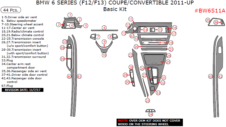 BMW 6 Series 2011, 2012, 2013, 2014, 2015, 2016, 2017, Over OEM Kit, Basic Interior Kit (Coupe/Convertible), 44 Pcs. dash trim kits options