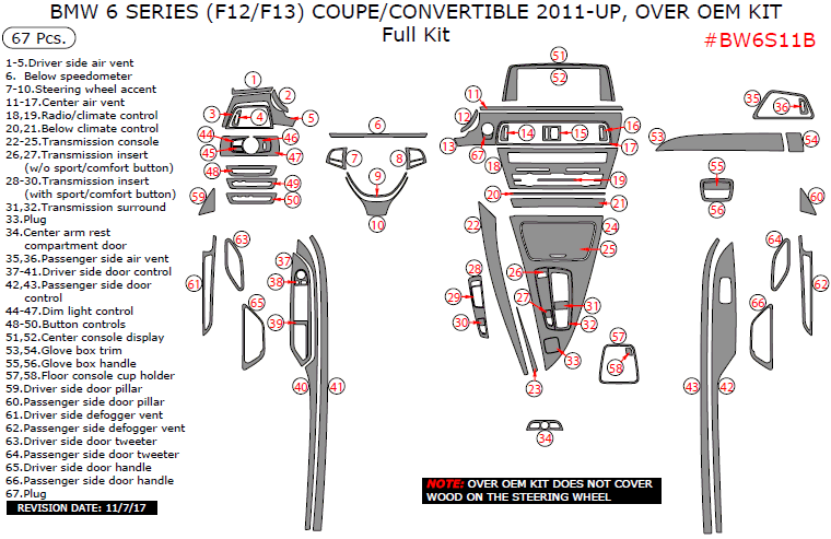 BMW 6 Series 2011, 2012, 2013, 2014, 2015, 2016, 2017, Over OEM Kit, Full Interior Kit (Coupe/Convertible), 67 Pcs. dash trim kits options