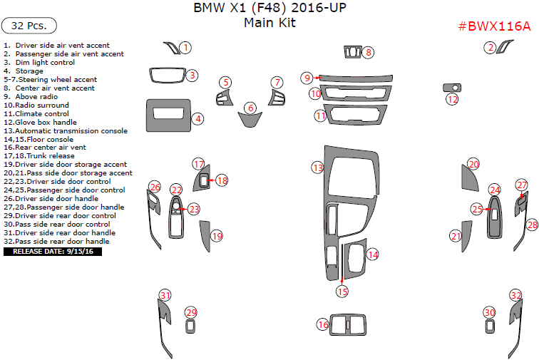 BMW X1 (F48) 2016, 2017, 2018,2019, 2020 Main Interior Kit, 32 Pcs. dash trim kits options