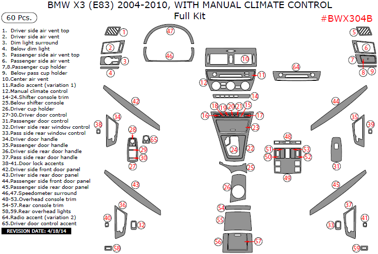 BMW X3 2004, 2005, 2006, 2007, 2008, 2009, 2010, With Manual Climate Control, Full Interior Kit, 60 Pcs. dash trim kits options