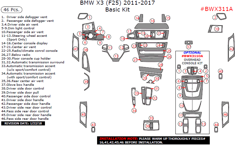 BMW X3 2011, 2012, 2013, 2014, 2015, 2016, 2017, Basic Interior Kit, 46 Pcs. dash trim kits options