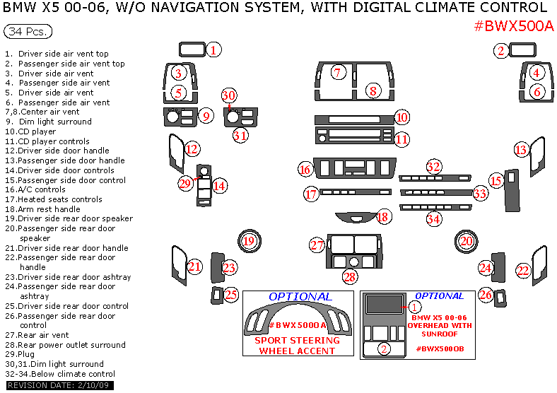 BMW X5 2000, 2001, 2002, 2003, 2004, 2005, 2006, Interior Dash Kit, Without Navigation System, With Digital Climate Control, 34 Pcs. dash trim kits options