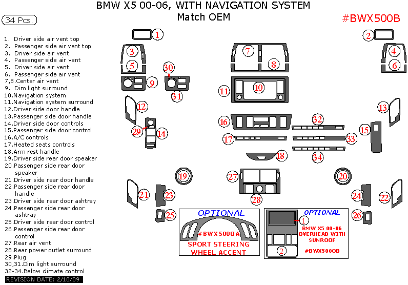 BMW X5 2000, 2001, 2002, 2003, 2004, 2005, 2006, Interior Dash Kit, With Navigation System, 34 Pcs. dash trim kits options