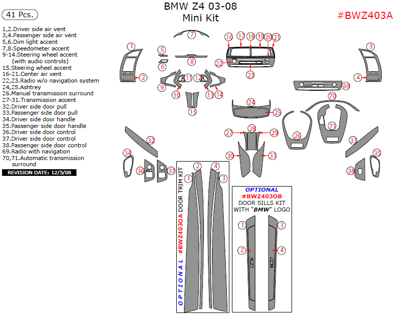 BMW Z4 2003, 2004, 2005, 2006, 2007, 2008, Mini Interior Kit, 41 Pcs. dash trim kits options