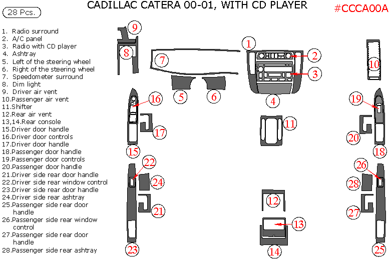 Cadillac Catera 2000-2001, Interior Kit, With CD Player, 28 Pcs. dash trim kits options