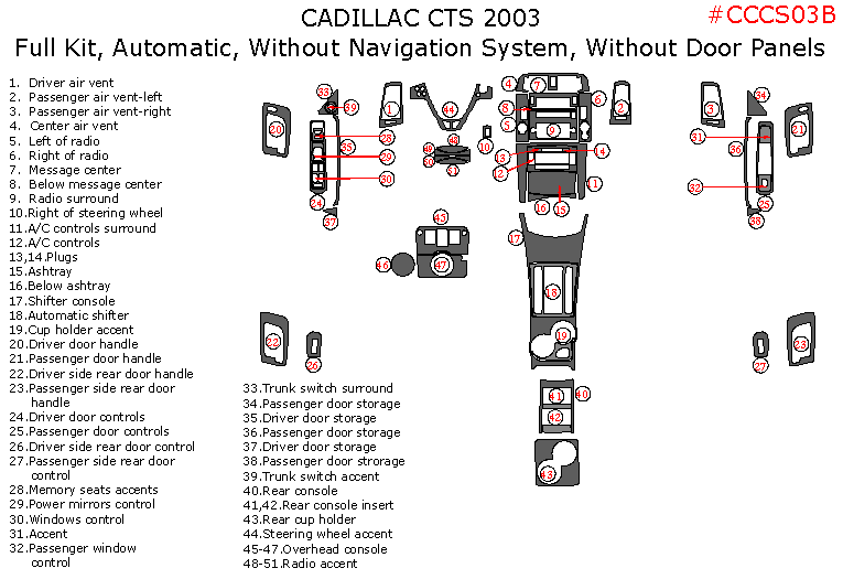 Cadillac CTS 2003, Full Interior Kit, Automatic, Without Navigation System, Without Door Panels, 51 Pcs. dash trim kits options