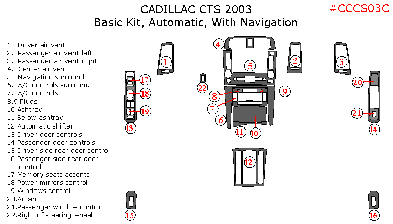 Cadillac CTS 2003, Basic Interior Kit, Automatic, With Navigation System, 22 Pcs. dash trim kits options