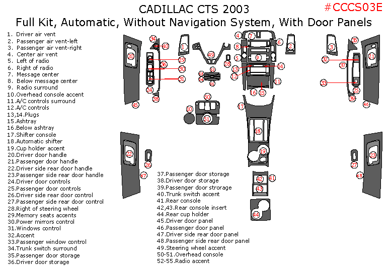 Cadillac CTS 2003, Full Interior Kit, Automatic, Without Navigation System, With Door Panels, 52 Pcs. dash trim kits options