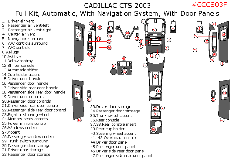 Cadillac CTS 2003, Full Interior Kit, Automatic, With Navigation System, With Door Panels, 47 Pcs. dash trim kits options